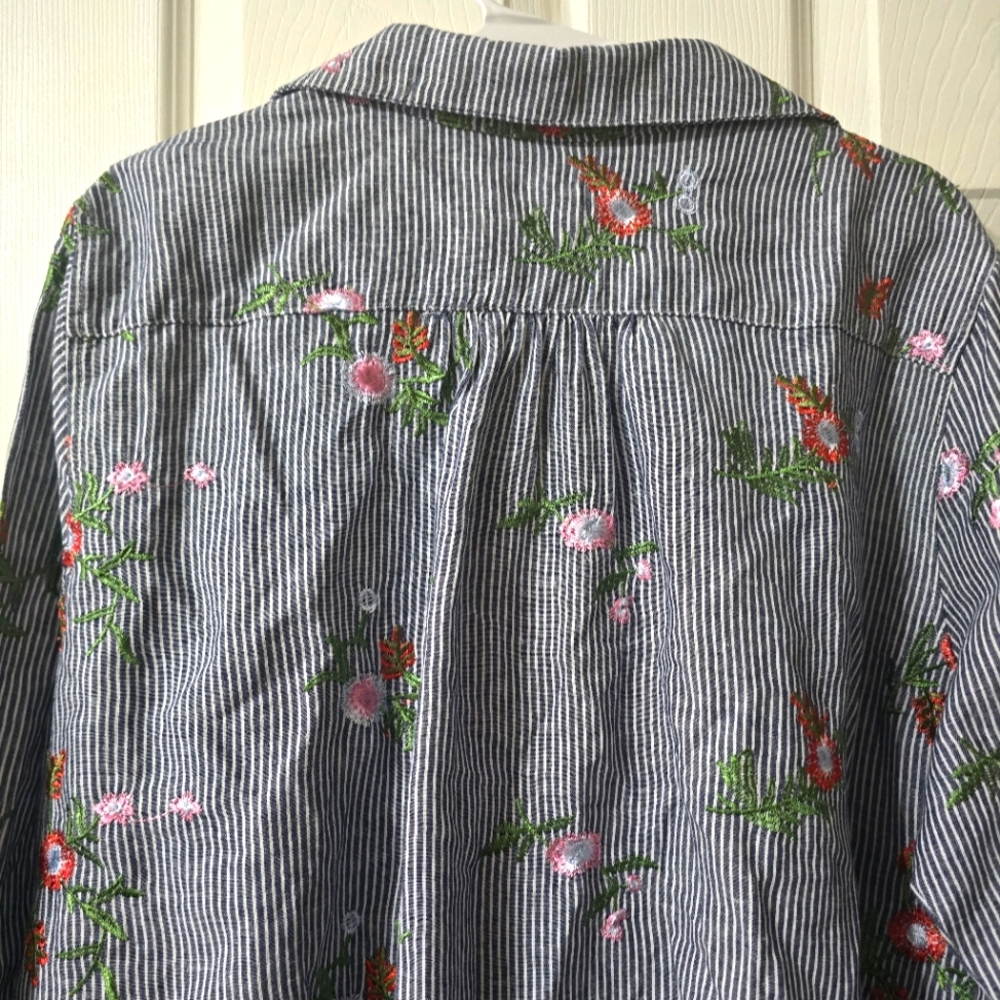 For Cynthia Linen & Cotton Striped Floral Embroidered Popover Tunic, Sz 2X, EUC! - Picture 9 of 14
